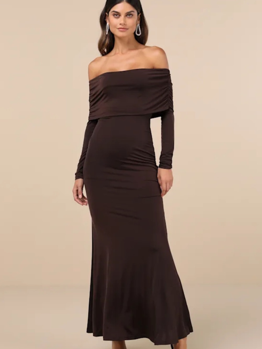 Lulus Effortlessly Stunning Dark Brown Off-the-Shoulder Maxi Dress